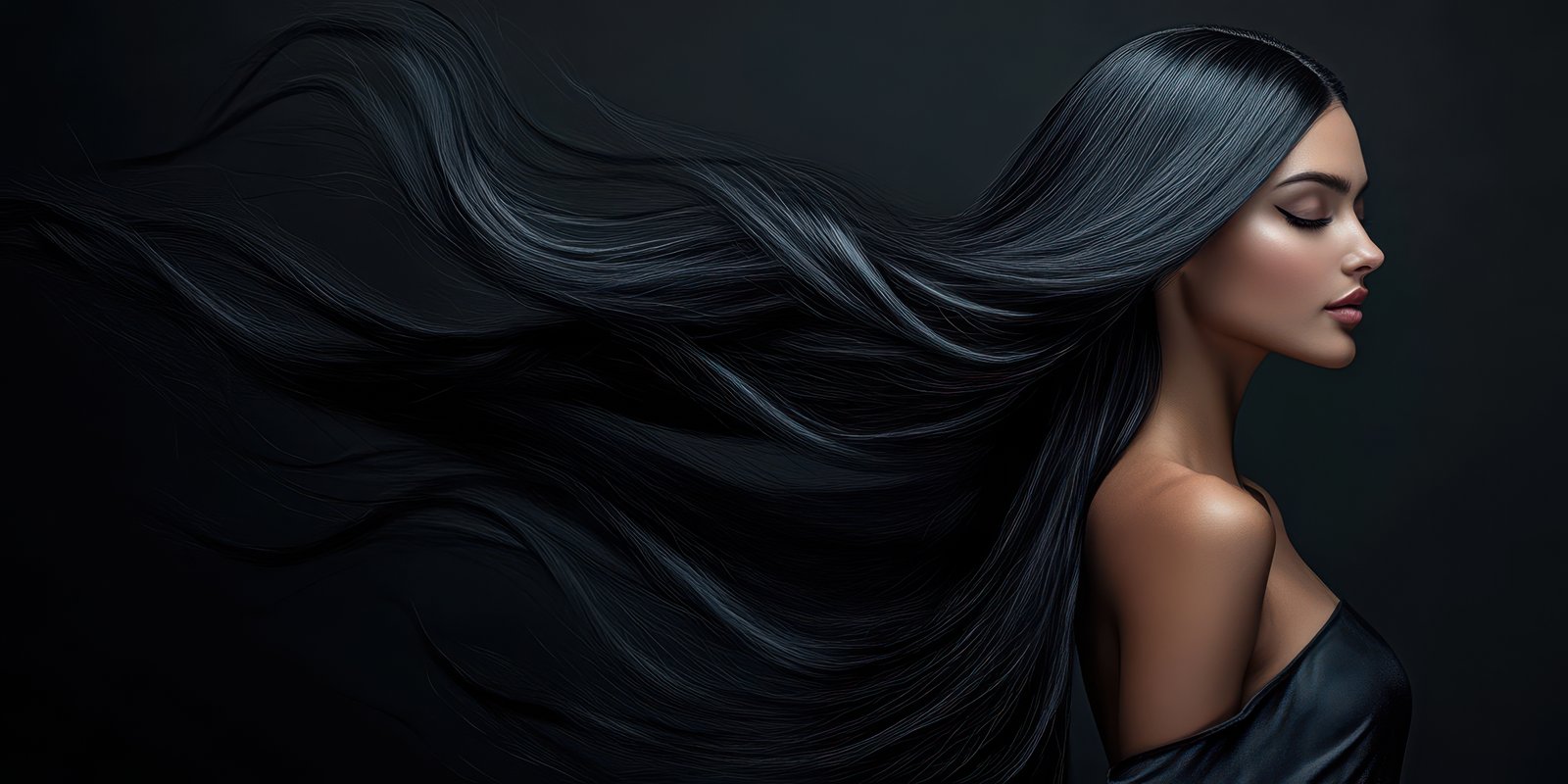 Long flowing black hair creates a striking silhouette against a dark background